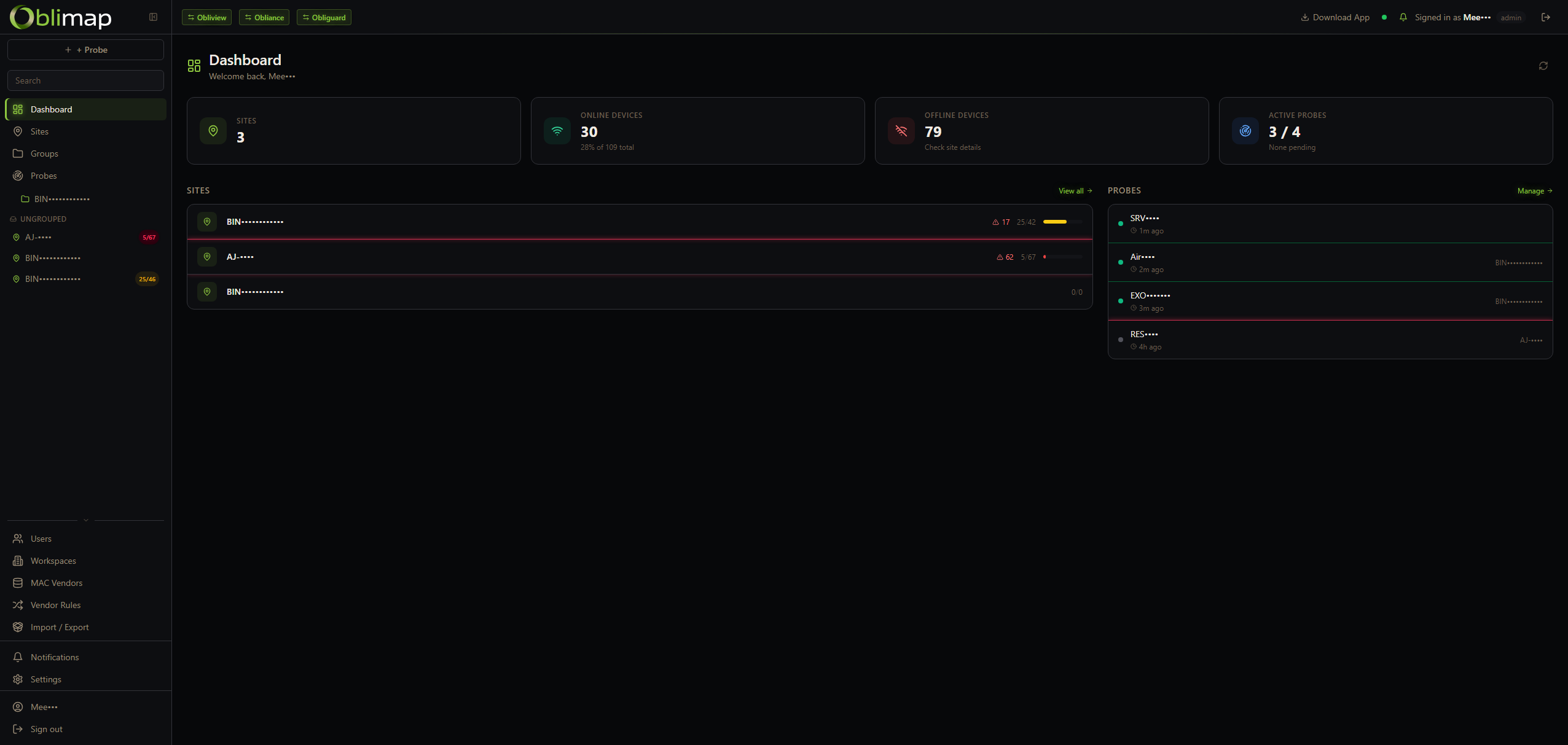 Oblimap dashboard — sites, devices, probes