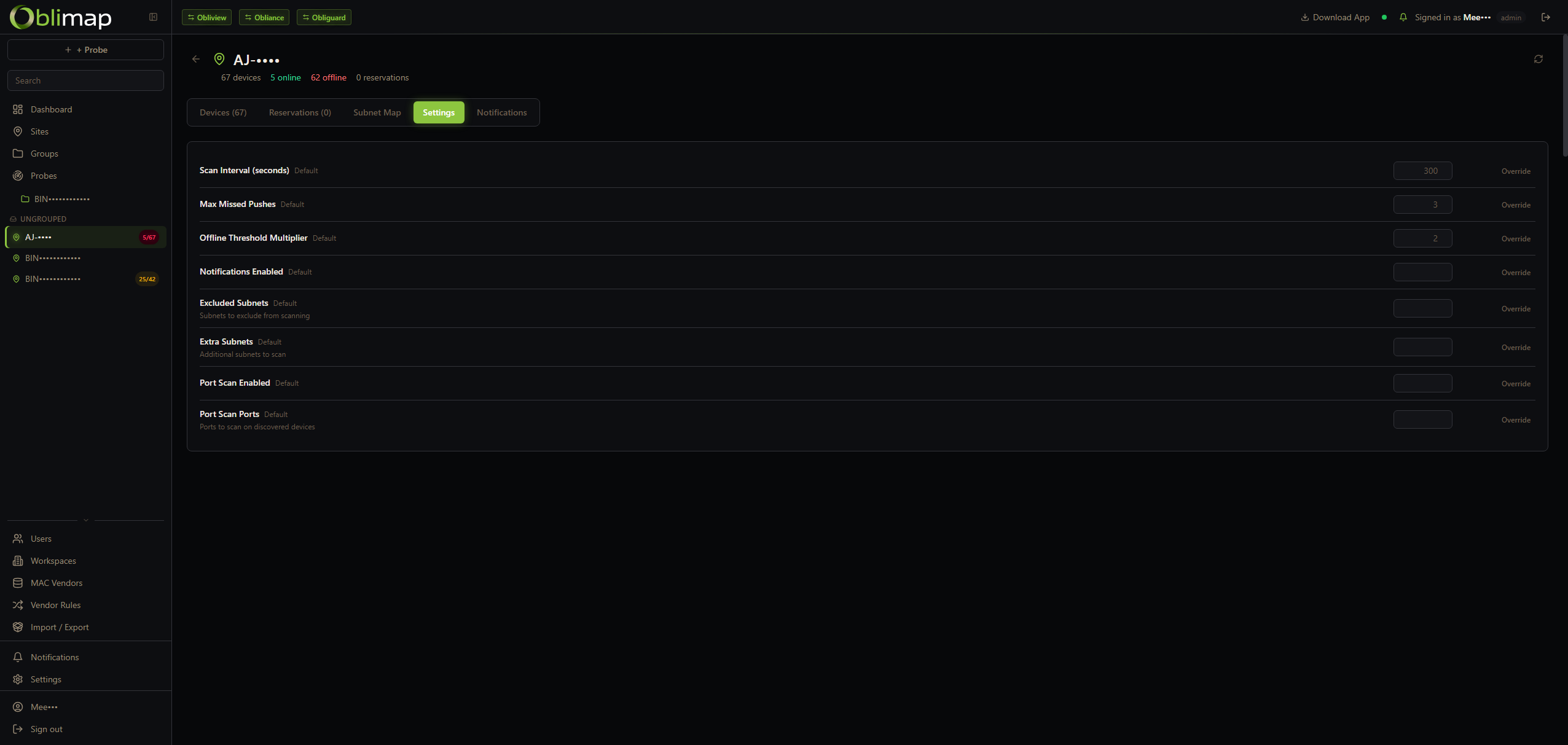 Oblimap probe settings — scan interval, subnets