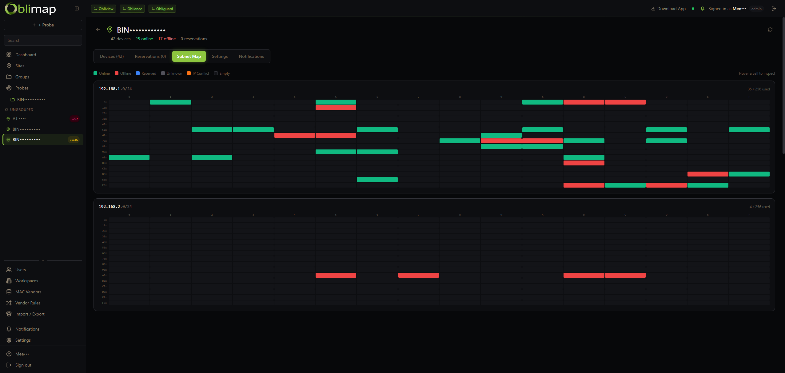 Oblimap subnet heatmap — IP activity timeline